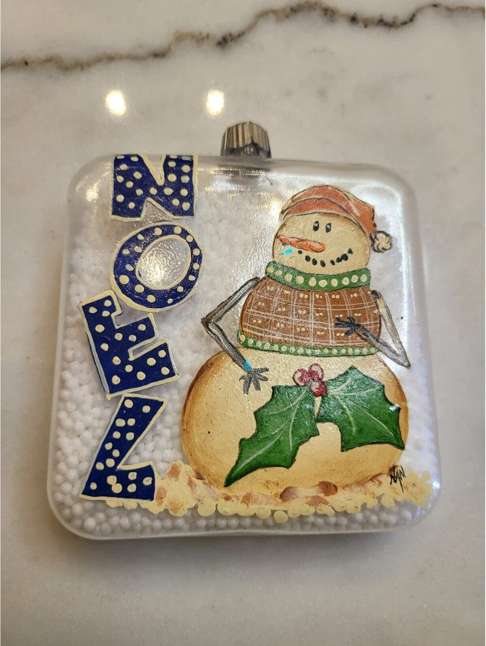 Vtg Glass Hand Painted Signed Ornament EUC Noel Snowmen In Snow 4” OOAK